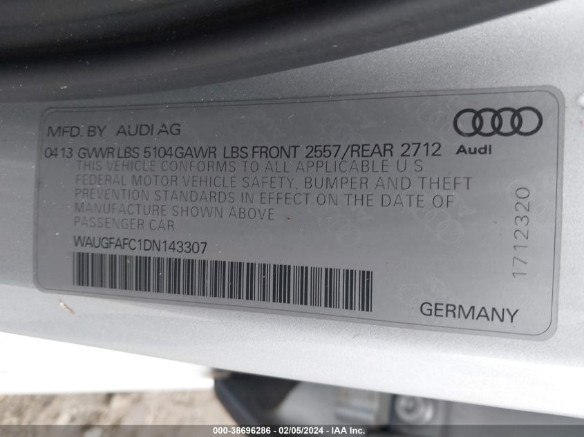 2013 Audi A6 2.0T Premium VIN: WAUGFAFC1DN143307 Lot: 38696286