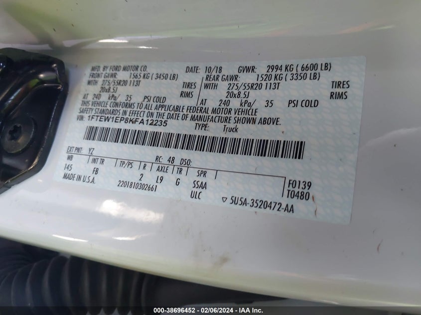 VIN 1FTEW1EP8KFA12235 2019 FORD F-150 XLT