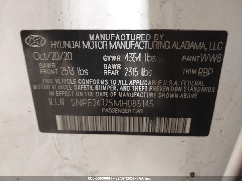 VIN 5NPEJ4J25MH085145 2021 HYUNDAI SONATA SEL PLUS