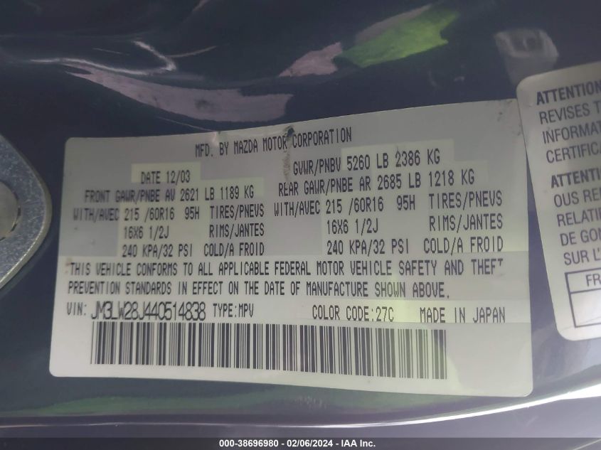 2004 Mazda Mpv Lx VIN: JM3LW28J440514838 Lot: 38696980
