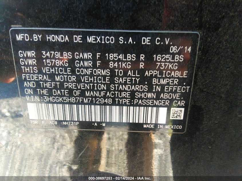 2015 HONDA FIT EX/EXL - 3HGGK5H87FM712948