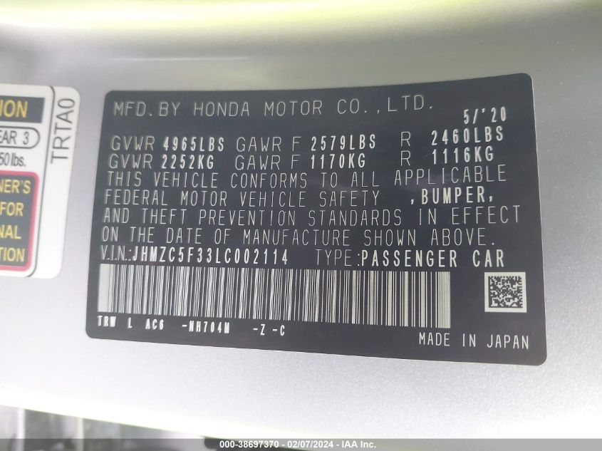 JHMZC5F33LC002114 2020 Honda Clarity Plug-In Hybrid Touring