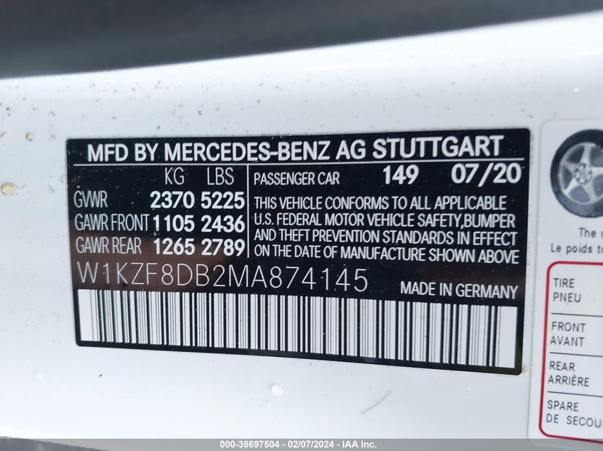 2021 MERCEDES-BENZ E 2.0L I4   N(VIN: W1KZF8DB2MA874145