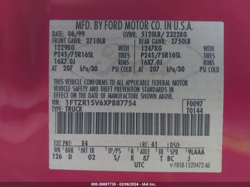 1999 Ford Ranger Xl/Xlt VIN: 1FTZR15V6XPB87754 Lot: 38697735