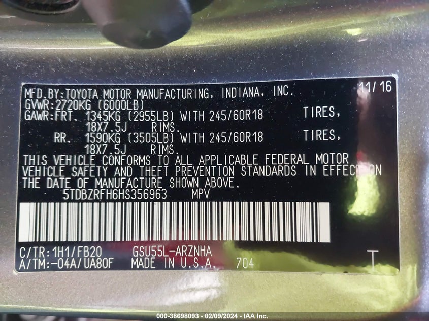 VIN 5TDBZRFH6HS356963 2017 TOYOTA HIGHLANDER LE