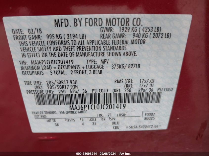 2018 Ford Ecosport Ses VIN: MAJ6P1CL0JC201419 Lot: 38698214