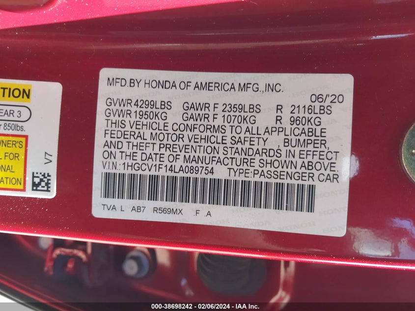 VIN 1HGCV1F14LA089754 2020 HONDA ACCORD LX