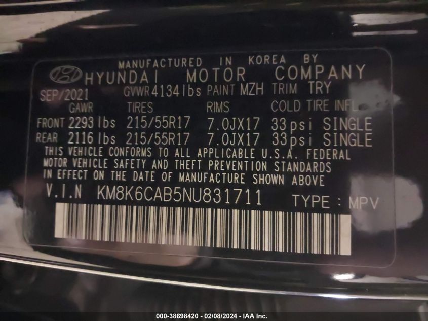 KM8K6CAB5NU831711 2022 Hyundai Kona Sel