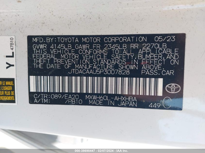 2023 Toyota Prius Limited VIN: JTDACAAU5P3007828 Lot: 38698447