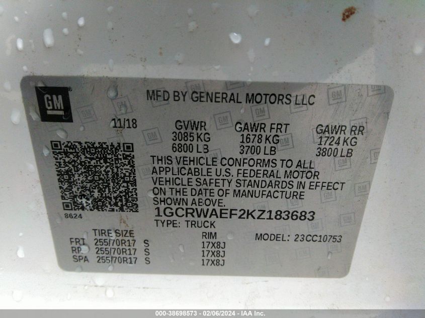 2019 Chevrolet Silverado 1500 Work Truck VIN: 1GCRWAEF2KZ183683 Lot: 38698573