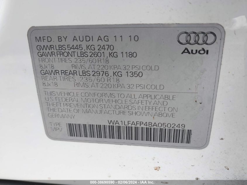 2011 Audi Q5 2.0T Premium VIN: WA1LFAFP4BA050249 Lot: 38698590