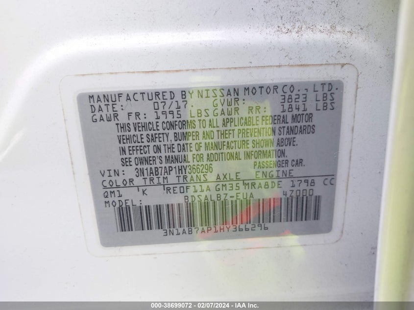 VIN 3N1AB7AP1HY366296 2017 NISSAN SENTRA S/SV/SR/SL