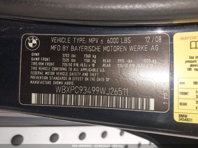 2009 BMW X3 xDrive30I VIN: WBXPC93499WJ26511 Lot: 38699803