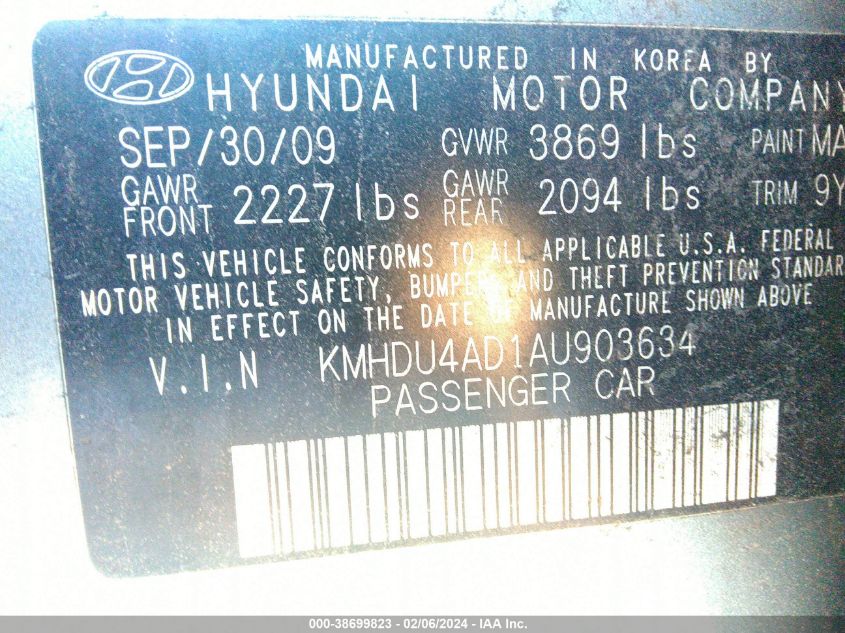 2010 Hyundai Elantra Gls VIN: KMHDU4AD1AU903634 Lot: 38699823