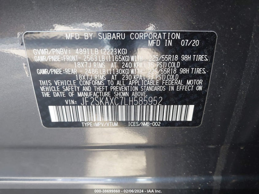 VIN JF2SKAXC7LH585952 2020 SUBARU FORESTER TOURING