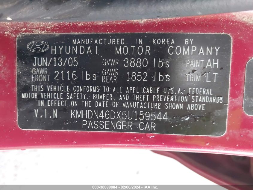 2005 Hyundai Elantra Gls/Gt VIN: KMHDN46DX5U159544 Lot: 38699884