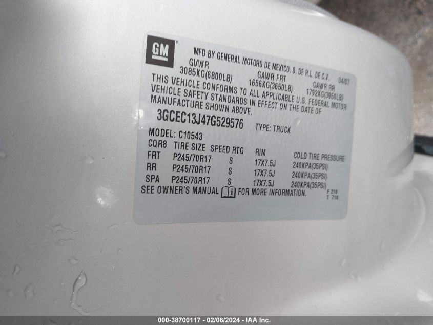 2007 Chevrolet Silverado 1500 Work Truck VIN: 3GCEC13J47G529576 Lot: 38700117