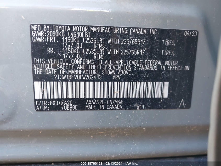 VIN 2T3W1RFV0PW262413 2023 TOYOTA RAV4 XLE/XLE PREMIUM