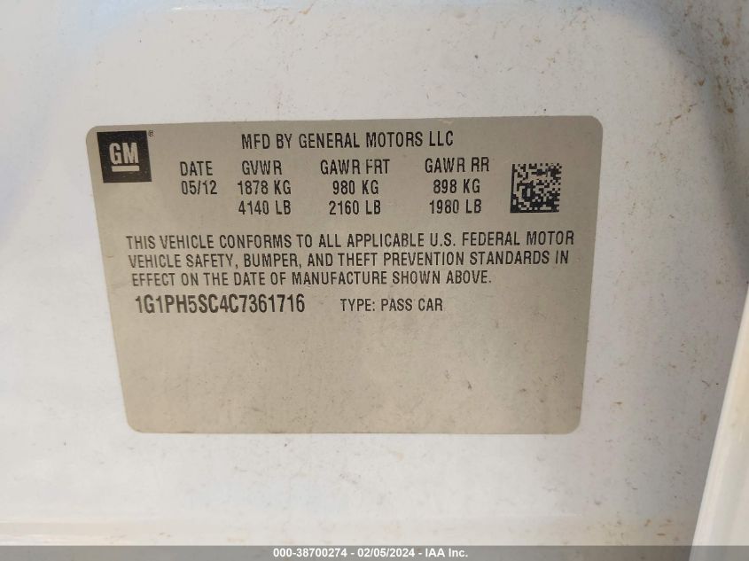 2012 Chevrolet Cruze Ltz VIN: 1G1PH5SC4C7361716 Lot: 38700274