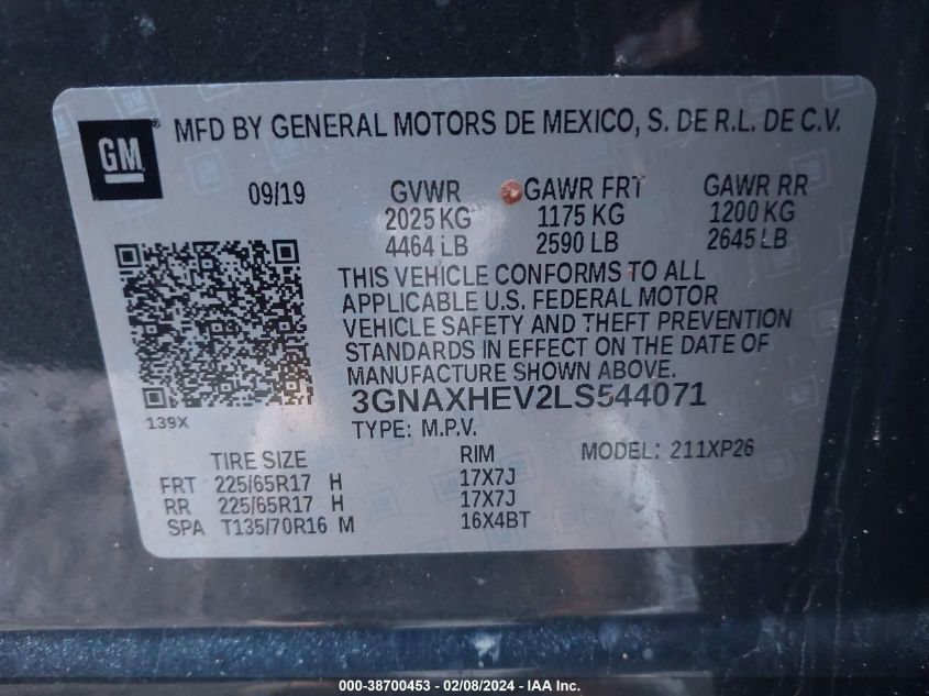 2020 Chevrolet Equinox Ls VIN: 3GNAXHEV2LS544071 Lot: 38700453