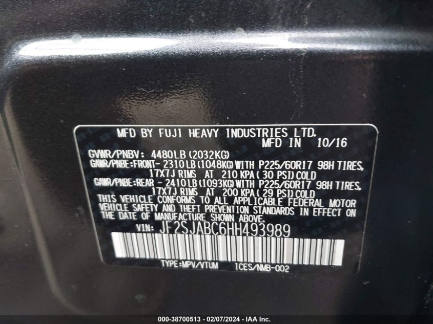 2017 Subaru Forester 2.5I VIN: JF2SJABC6HH493989 Lot: 38700513