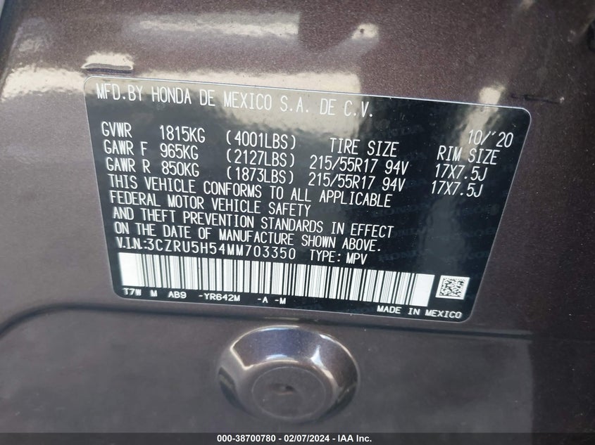 VIN 3CZRU5H54MM703350 2021 HONDA HR-V EX