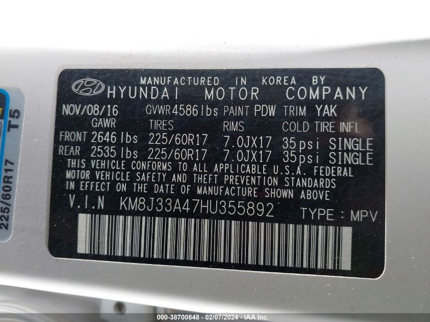 KM8J33A47HU355892 2017 Hyundai Tucson Se