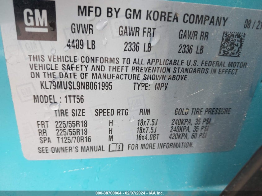 VIN KL79MUSL9NB061995 2022 CHEVROLET TRAILBLAZER AWD RS