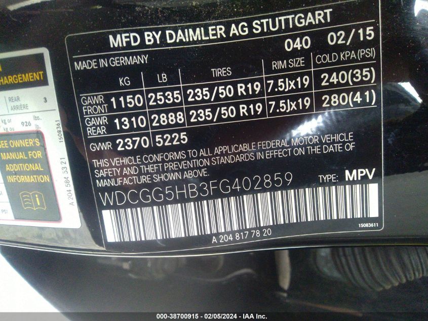 WDCGG5HB3FG402859 2015 Mercedes-Benz Glk 350