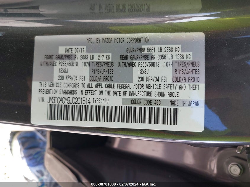 2018 MAZDA CX-9 TOURING - JM3TCACY9J0201514