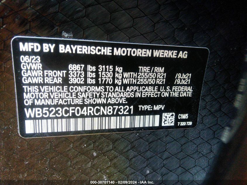 2024 BMW Ix xDrive50 VIN: WB523CF04RCN87321 Lot: 38701140