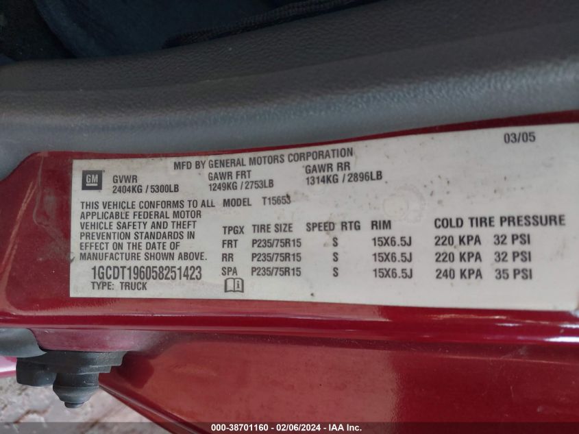 2005 Chevrolet Colorado VIN: 1GCDT196058251423 Lot: 38701160