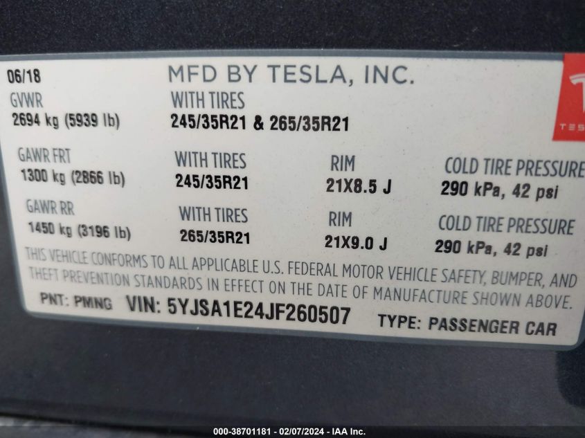 5YJSA1E24JF260507 2018 Tesla Model S 100D/75D/P100D