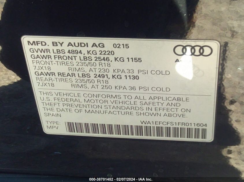 2015 AUDI Q3 PREMIUM PLUS - WA1EFCFS1FR011604