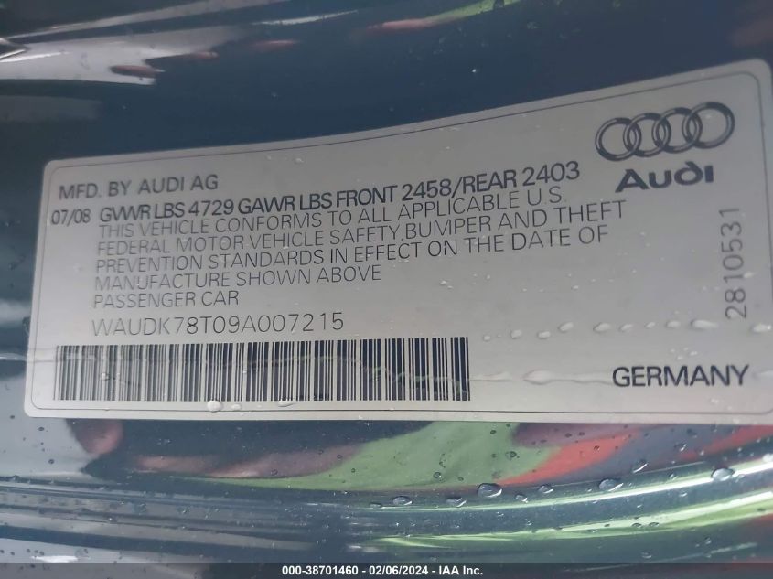 WAUDK78T09A007215 2009 Audi A5 3.2L