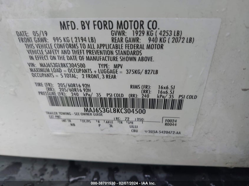 2019 FORD ECOSPORT SE - MAJ6S3GL8KC304500