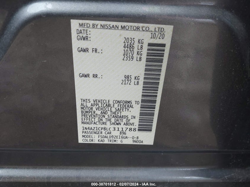 2020 NISSAN LEAF SV 40 KWH - 1N4AZ1CP8LC311788