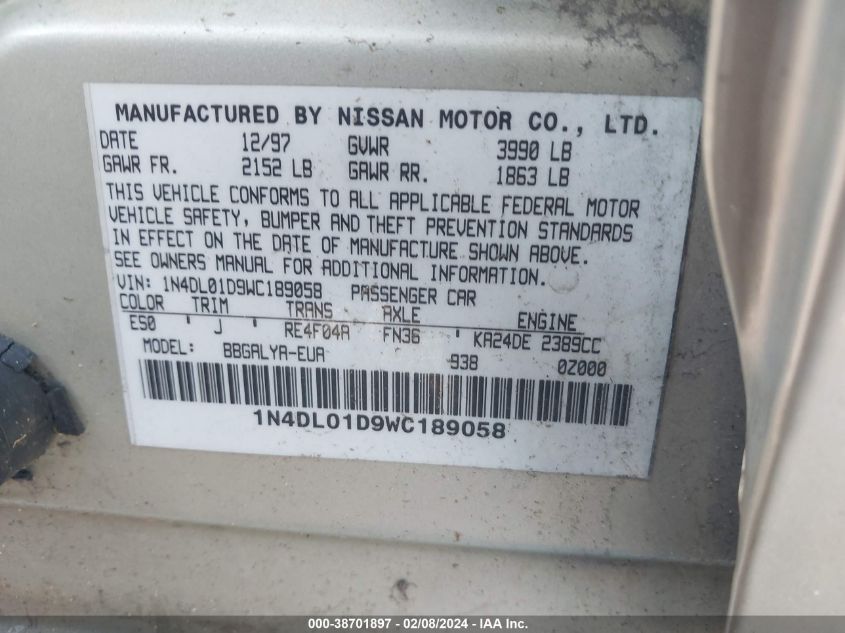 1N4DL01D9WC189058 1998 Nissan Altima Gle/Gxe/Se/Xe