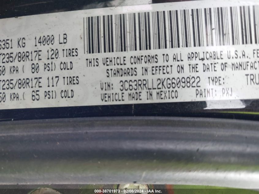 2019 Ram 3500 Big Horn Mega Cab 4X4 6'4 Box VIN: 3C63RRLL2KG609822 Lot: 38701973