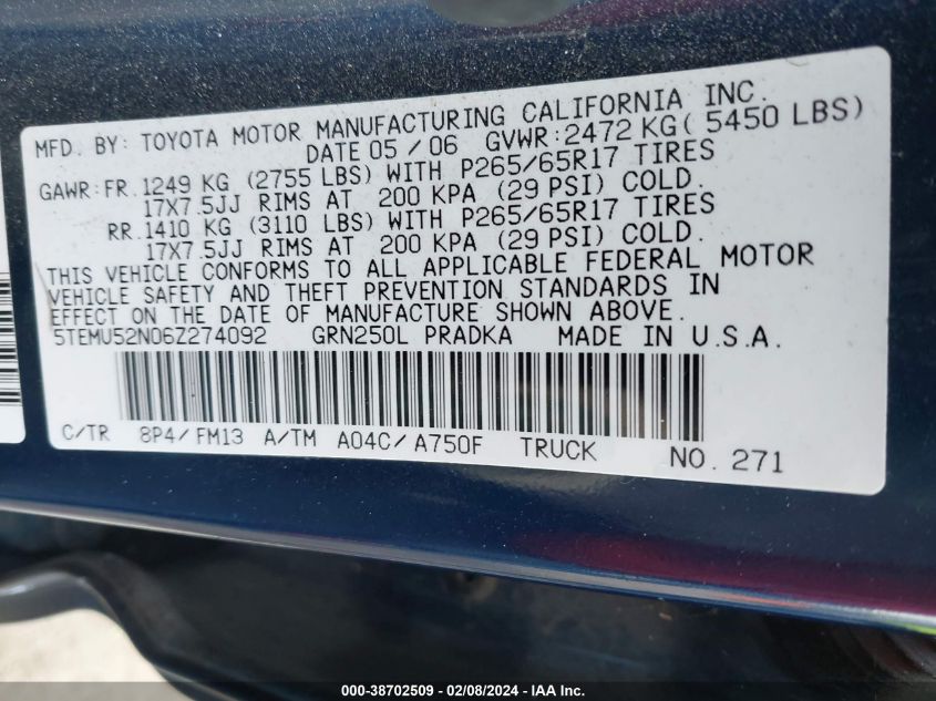 2006 Toyota Tacoma Base V6 VIN: 5TEMU52N06Z274092 Lot: 38702509