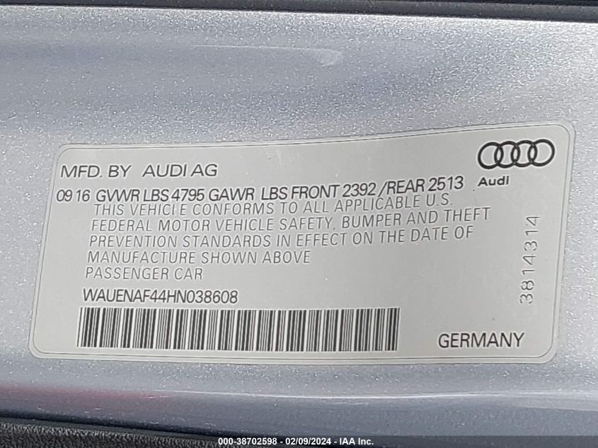 WAUENAF44HN038608 2017 AUDI A4, photo no. 9