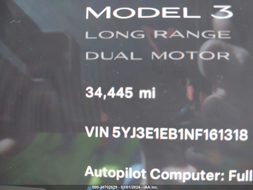 2022 Tesla Model 3 Long Range Dual Motor All-Wheel Drive VIN: 5YJ3E1EB1NF161318 Lot: 39179440