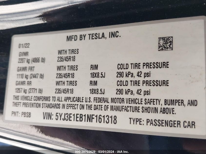 2022 Tesla Model 3 Long Range Dual Motor All-Wheel Drive VIN: 5YJ3E1EB1NF161318 Lot: 39179440