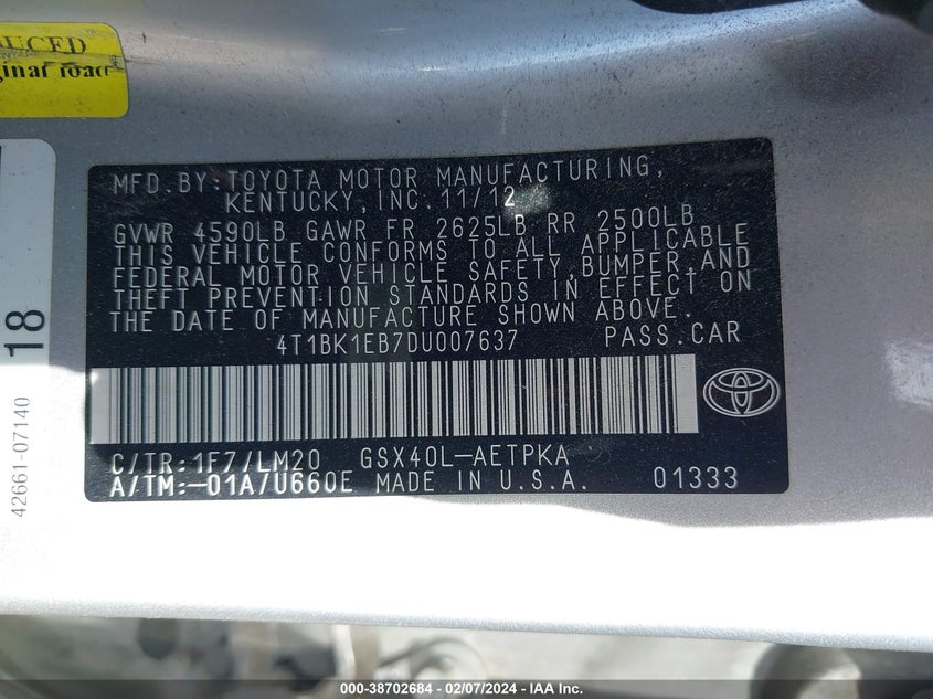 2013 TOYOTA AVALON LIMITED - 4T1BK1EB7DU007637