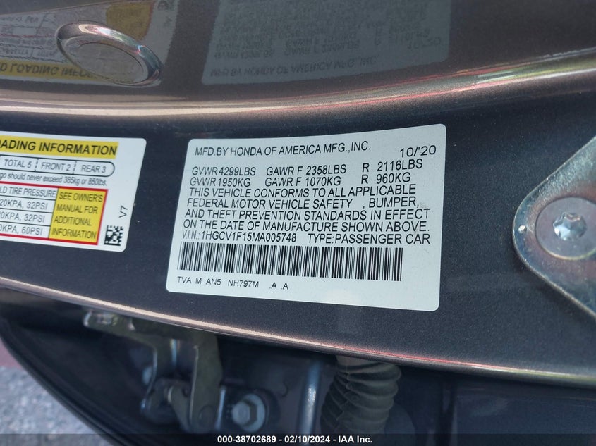VIN 1HGCV1F15MA005748 2021 HONDA ACCORD LX