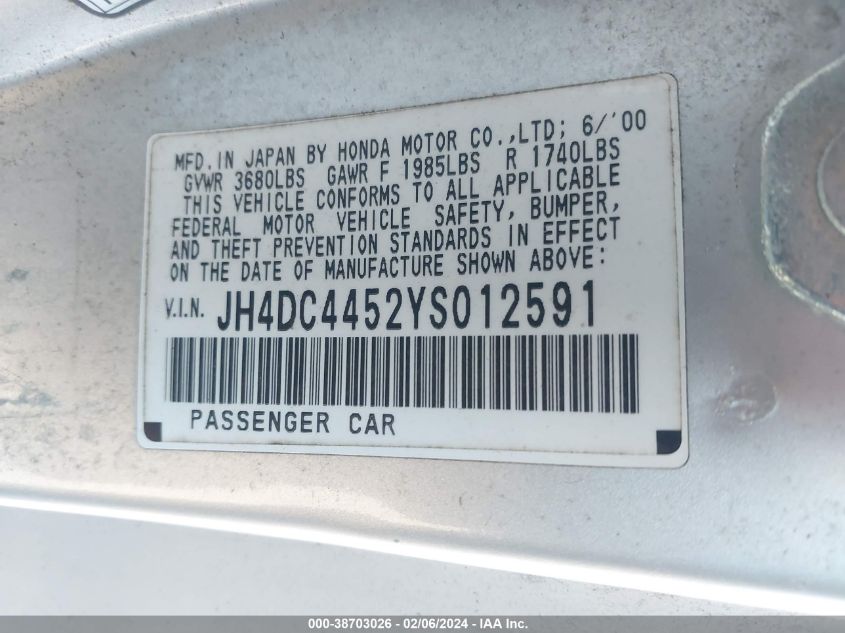 2000 Acura Integra Ls VIN: JH4DC4452YS012591 Lot: 38703026