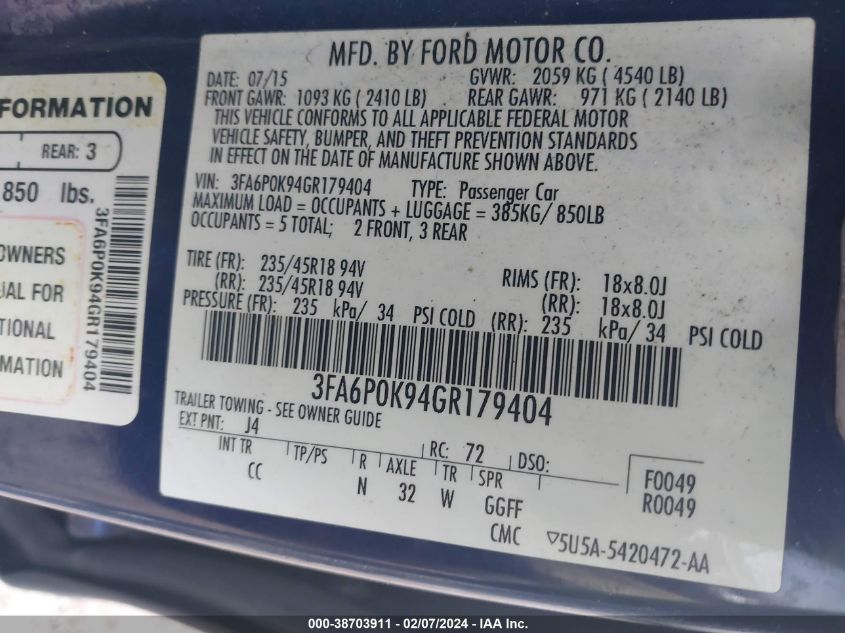 2016 FORD FUSION TITANIUM - 3FA6P0K94GR179404