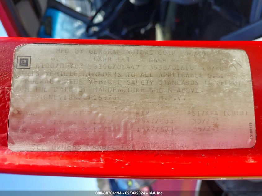 1990 Chevrolet Blazer V10 VIN: 1GNEV18K2LF168704 Lot: 38704194