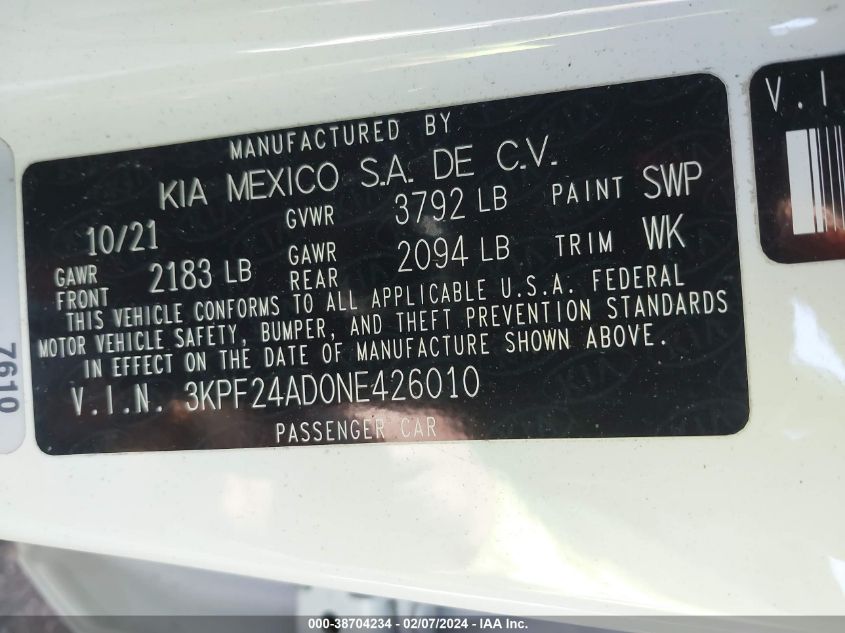 2022 Kia Forte Lxs VIN: 3KPF24AD0NE426010 Lot: 38704234