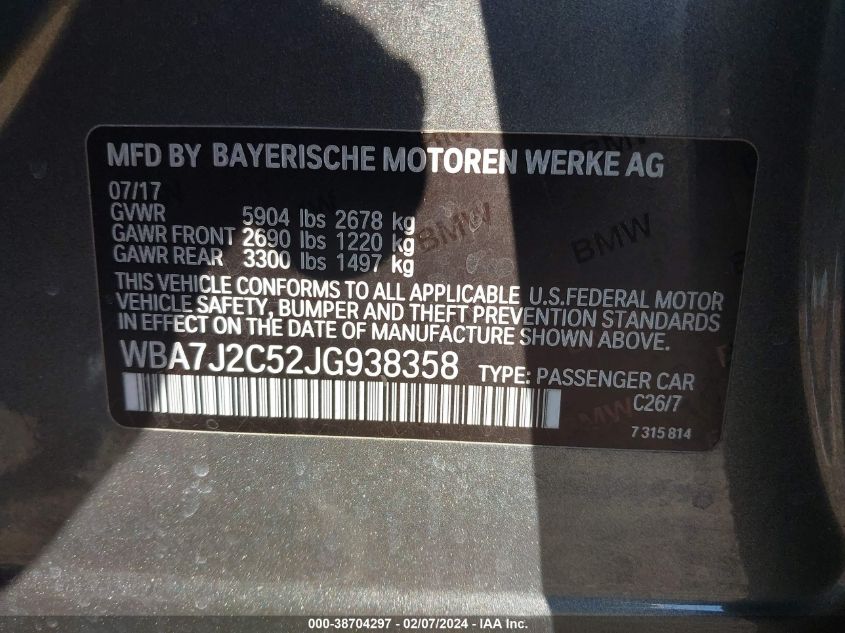 2018 BMW 740E XDRIVE IPERFORMANCE WBA7J2C52JG938358